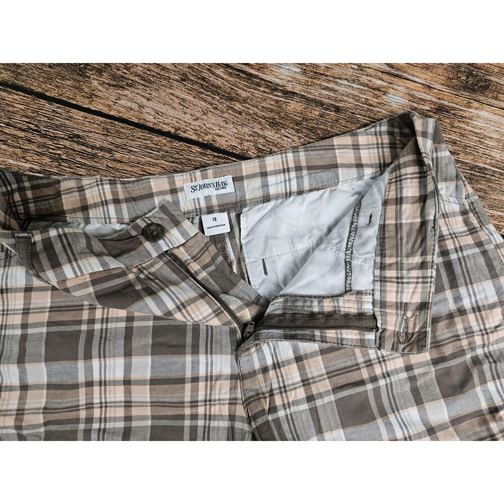 St. John's Bay Bermuda Shorts Women's 12 Gray Tan Teal Plaid Stretch Cotton EUC - Picture 3 of 8